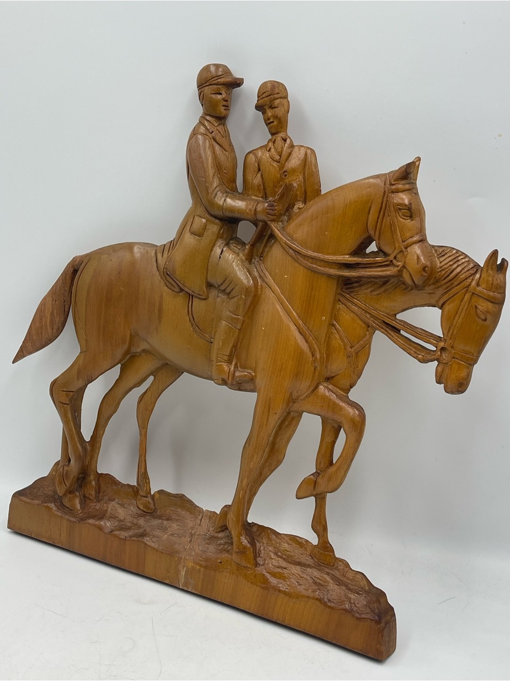 VTG Mid Century Equestrian Art: 3D Wood Hand Carved “Riders on Horses” Sculpture